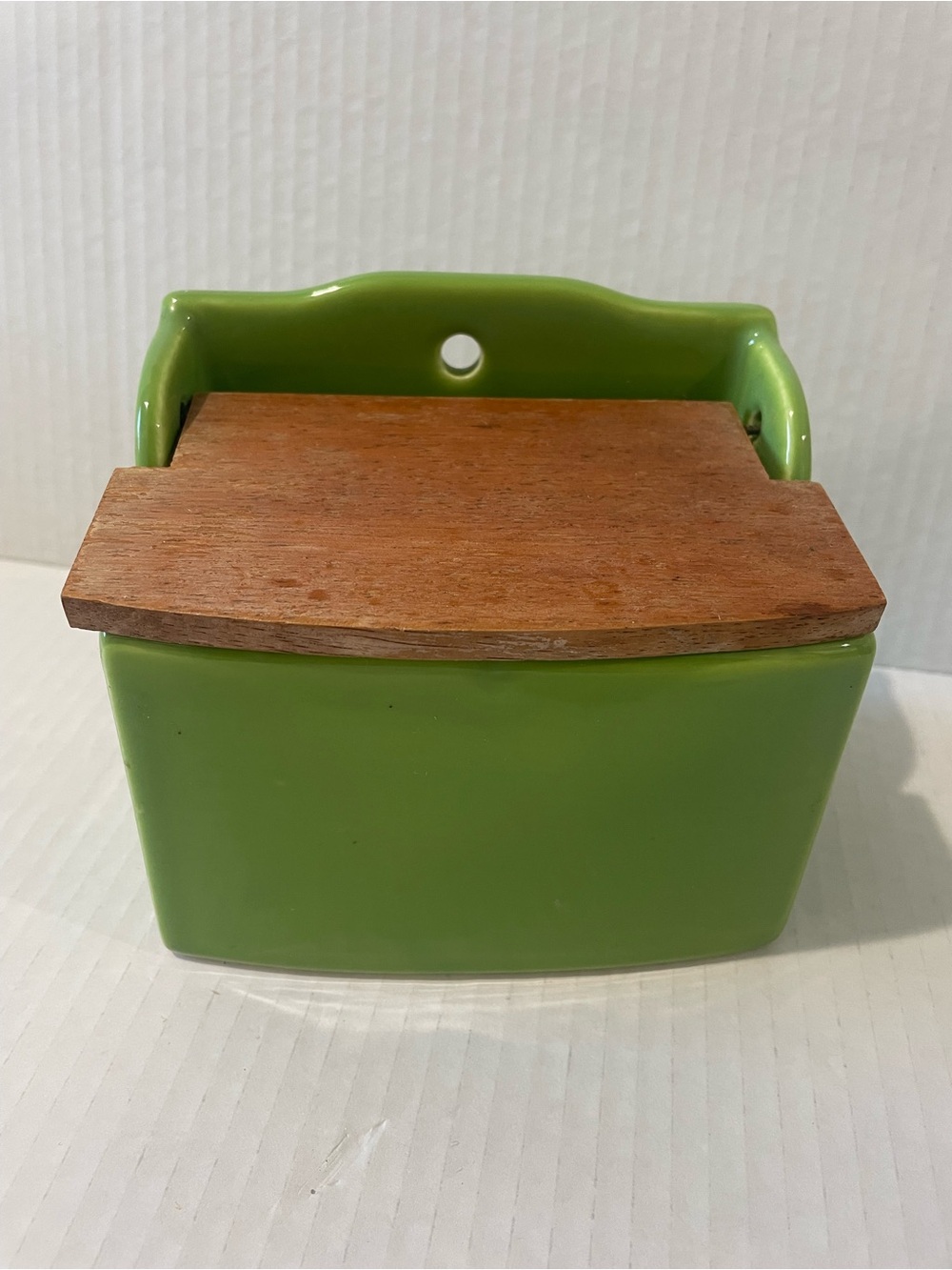 Vintage Cottagecore Salt Box Green Ceramic Hanging With Wooden Lid Likely Japan